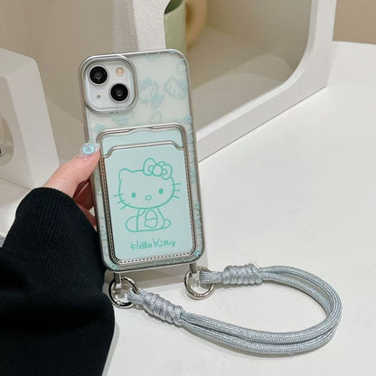 117.ミントグリーン ハローキティ カードポケット付きスマホケース ストラップ穴付き iPhone15ProMax/17/14Pro/13/12/15 対応 キャラクターケース