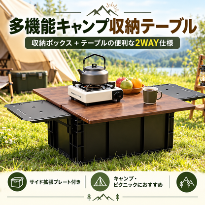 171.多機能 キャンプ収納ボックス テーブルセット 一箱両用 両側拡張天板付き 折りたたみ脚 アウトドアテーブル 車中泊 ピクニック