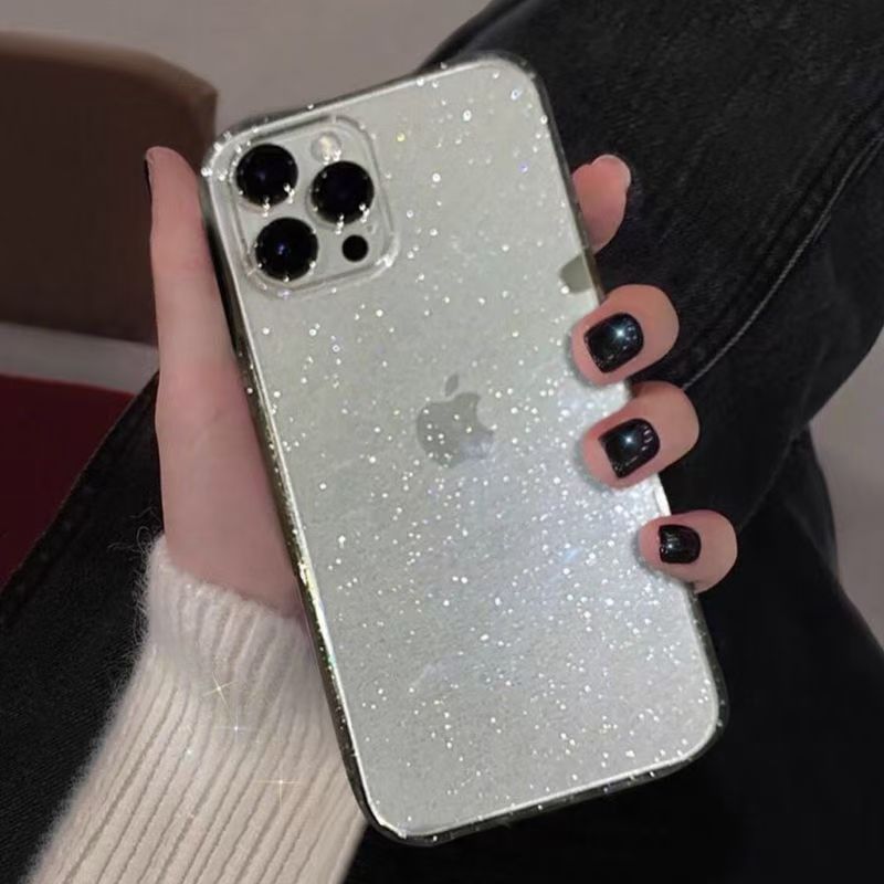 221.``` iPhone 16 Pro Max ケース クリア ラメ キラキラ 縁取りラインストーン 透明 薄型 TPU 耐衝撃 カメラ保護 おしゃれ レディース プレゼント ```