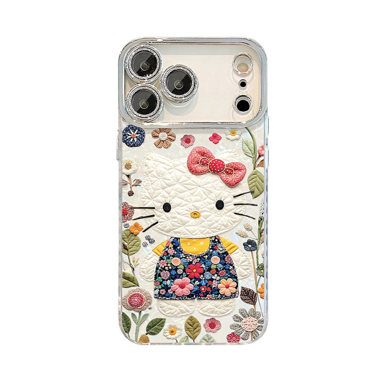 105.iPhone17ProMax 化 クリア 花柄ハローキティ ビーズチェーン付き ハード & ソフト両用 UV 印刷スマホケース